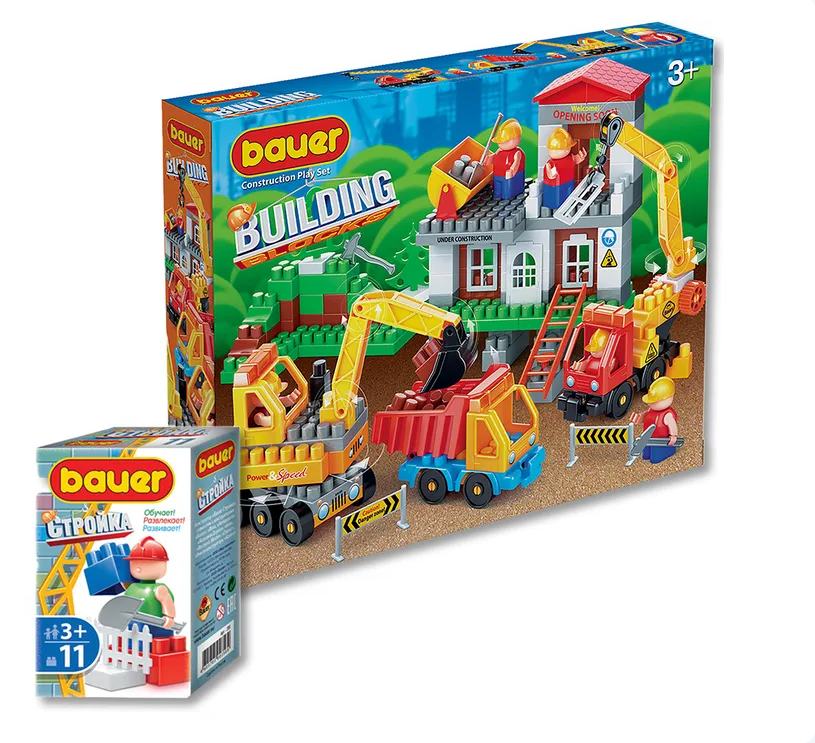 BAUER konstruktori Mashinalar bilan qurilish maydonchasi va quruvchi blokli odam